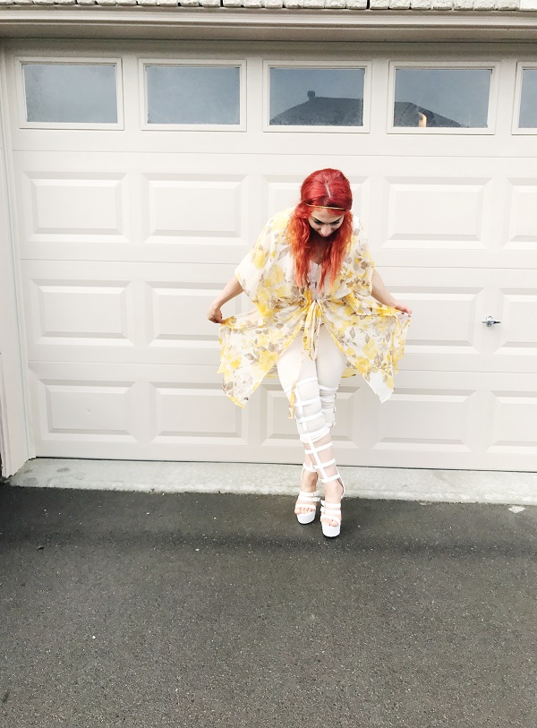 Yellow floral kimono, gladiator boots, White gladriator sandals, summer outfit