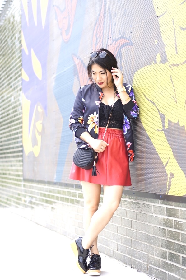Grace in floral kimono, black lace crop top and red shorts with black patent leather Brogue shoes