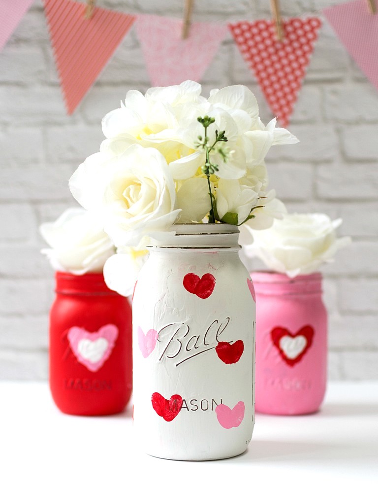 Valentine kid craft idea thumbprint heart mason jar vases