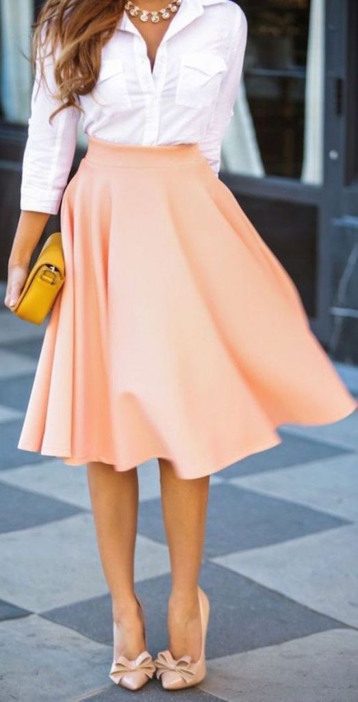 White buttons down shirt with flowy peach skirt, business attire, work outfit, clothes for work, work clothes, business clothes, work dress