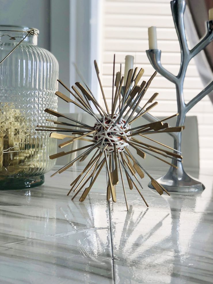 DIY Sea urchin on dining room table closeup