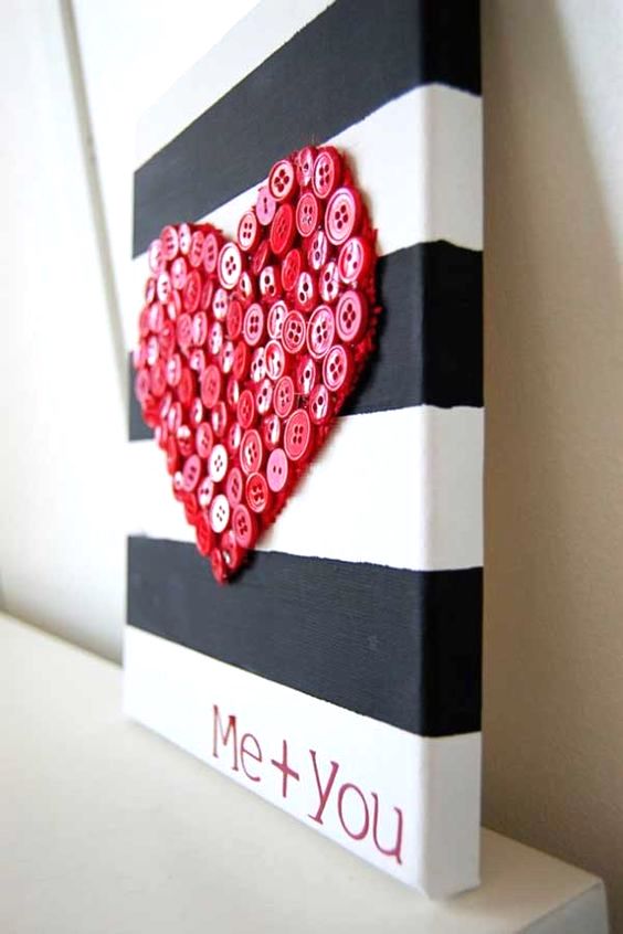 Valentines Day black and white striped and red button heart canvas