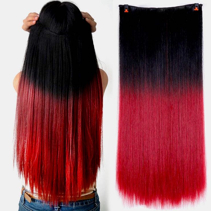 Synthetic ombre red and black hair extensions