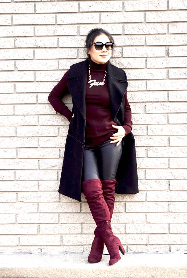 Black and burgundy outfit with over the knee burgundy boots