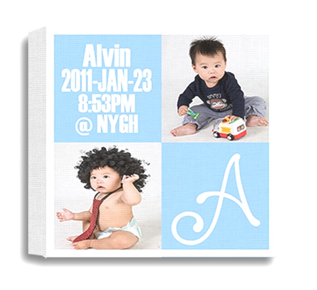 Baby canvas with picture, letter, name, date, and time