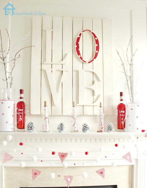Valentine's red and white mantel bottles and vases